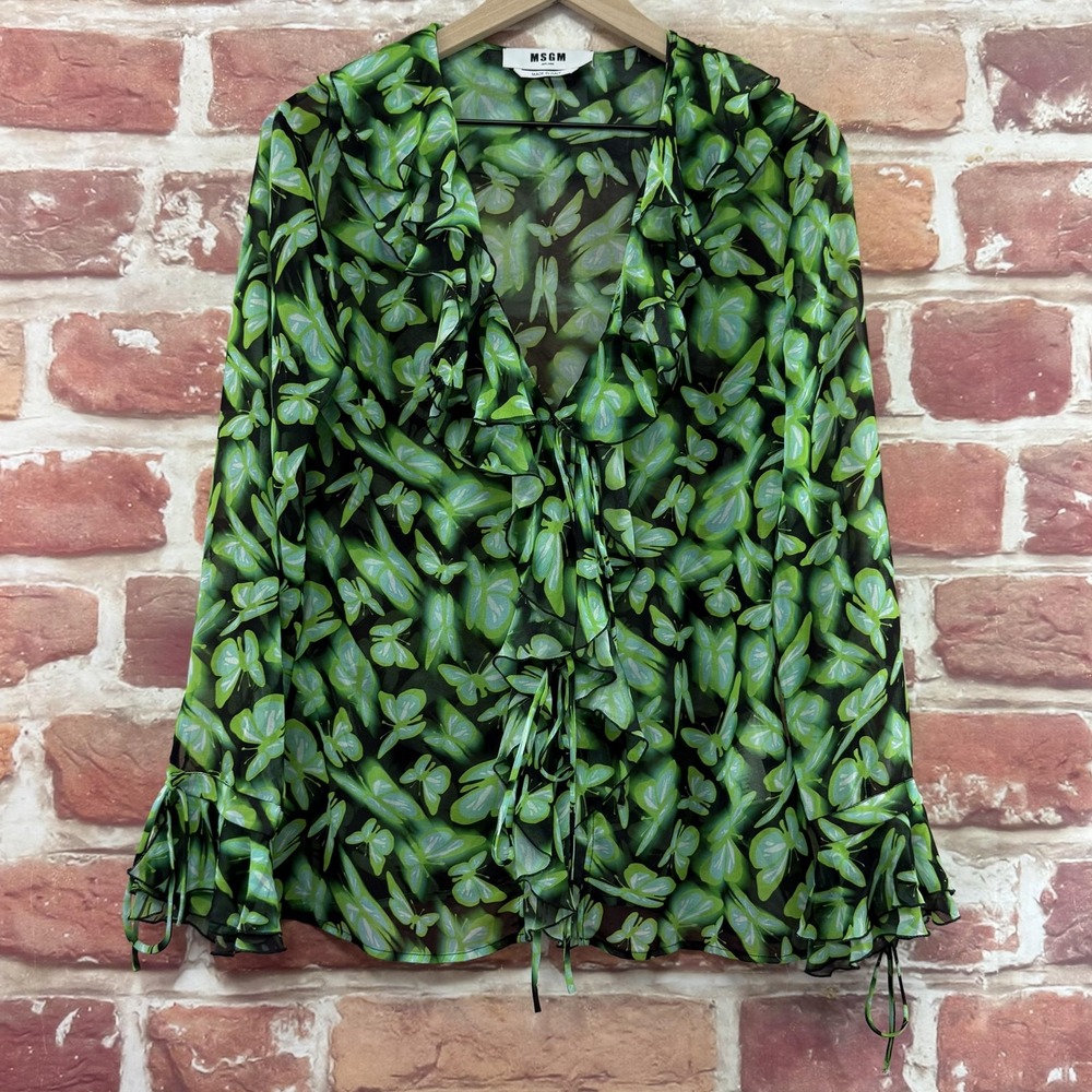 MSGM Top Women's 42 Italy US 6 Green Chic Butterfly Ruffle Sheer Tie Front Shirt